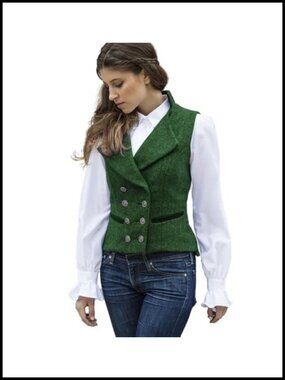 Vintage Tweed Suit Vest Double Breasted V-Neck Sleeveless Blazer for Women Work